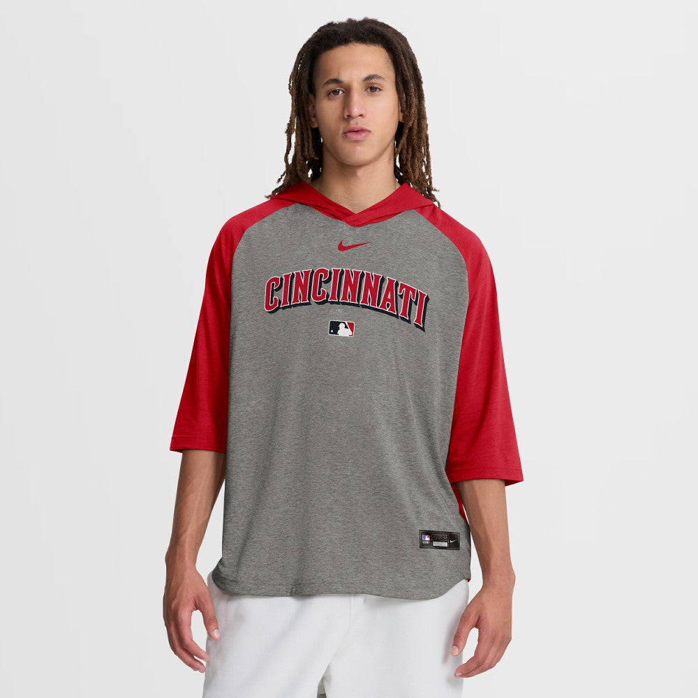 Cincinnati Reds Authentic Collection Flux Dri-FIT Raglan 3/4-Sleeve Hooded T-Shirt Gray | Nike