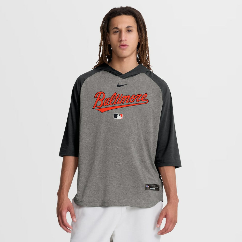 Baltimore Orioles Authentic Collection Flux Dri-FIT Raglan 3/4-Sleeve Hooded T-Shirt Gray | Nike