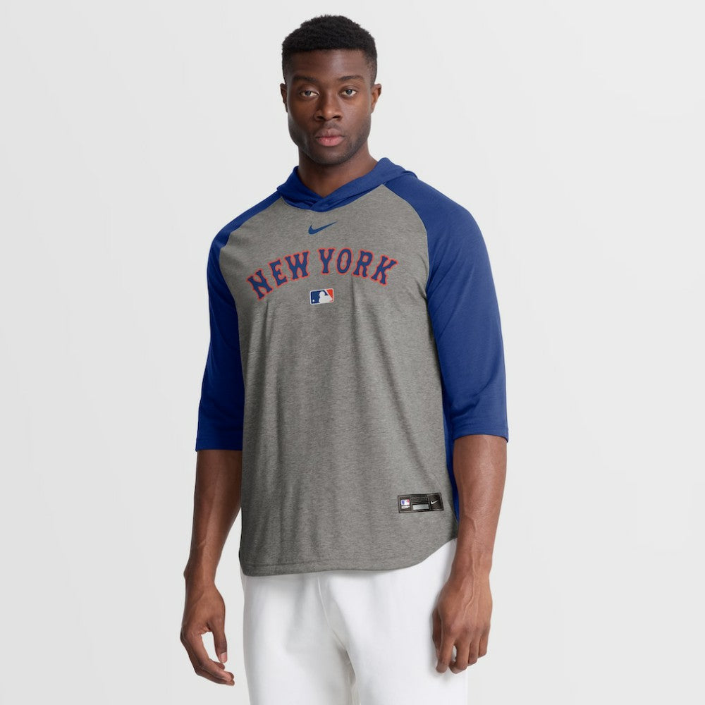 New York Mets Authentic Collection Flux Dri-FIT Raglan 3/4-Sleeve Hooded T-Shirt Gray | Nike