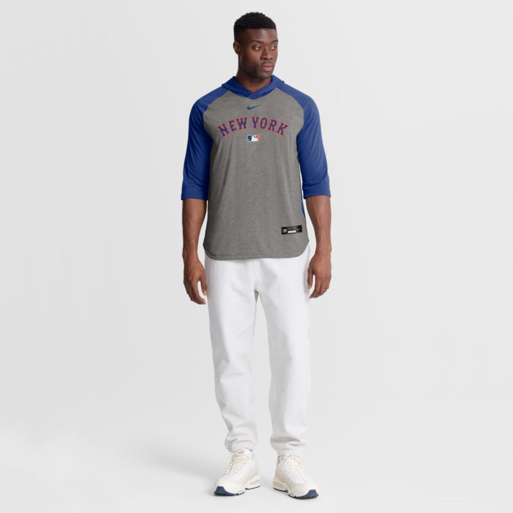 New York Mets Authentic Collection Flux Dri-FIT Raglan 3/4-Sleeve Hooded T-Shirt Gray | Nike