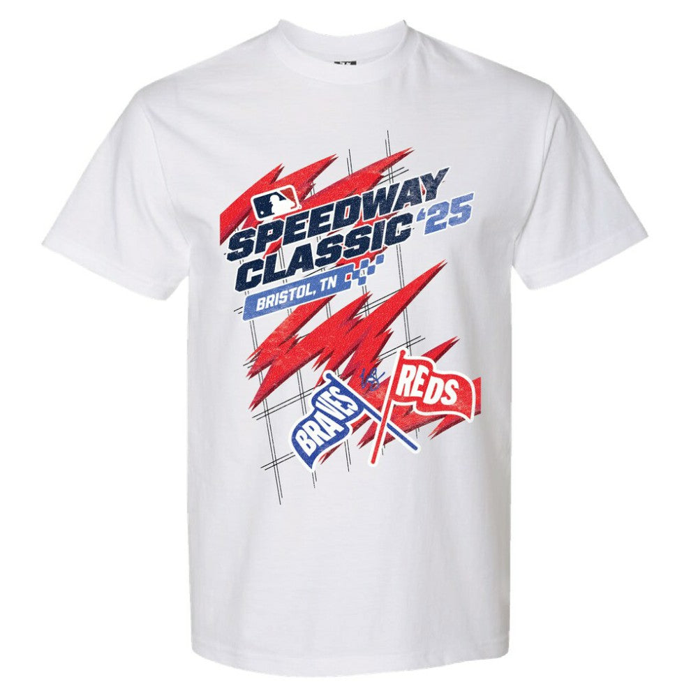 Cincinnati Reds vs. Atlanta Braves The Wild Collective Women's 2025 Speedway Classic Flags T-Shirt White