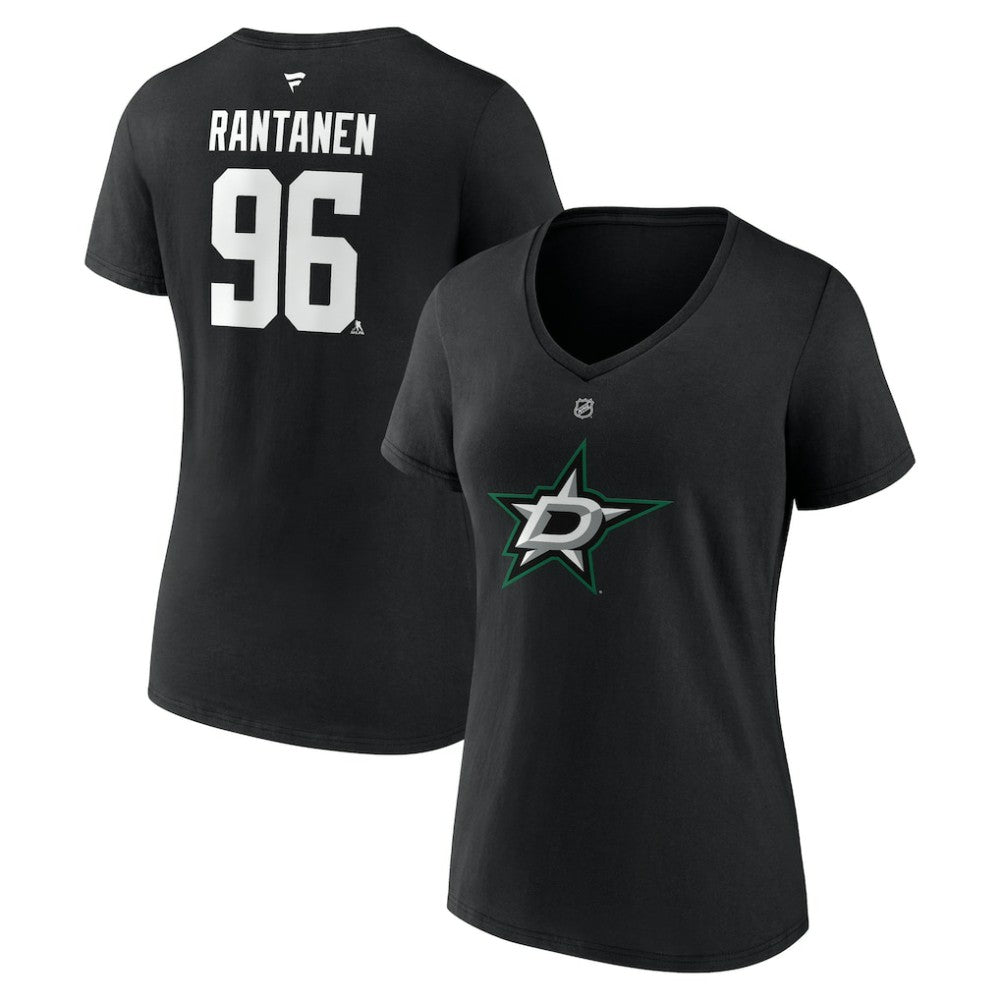 Mikko Rantanen Dallas Stars Fanatics Women's Authentic Stack Name & Number V-Neck T-Shirt Black