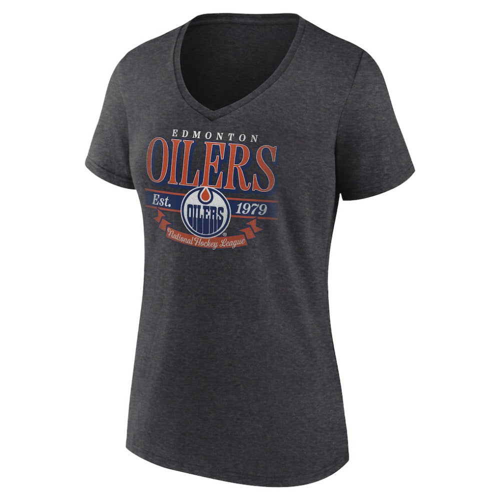 Edmonton Oilers Women's Retro Banner V-Neck T-Shirt Charcoal