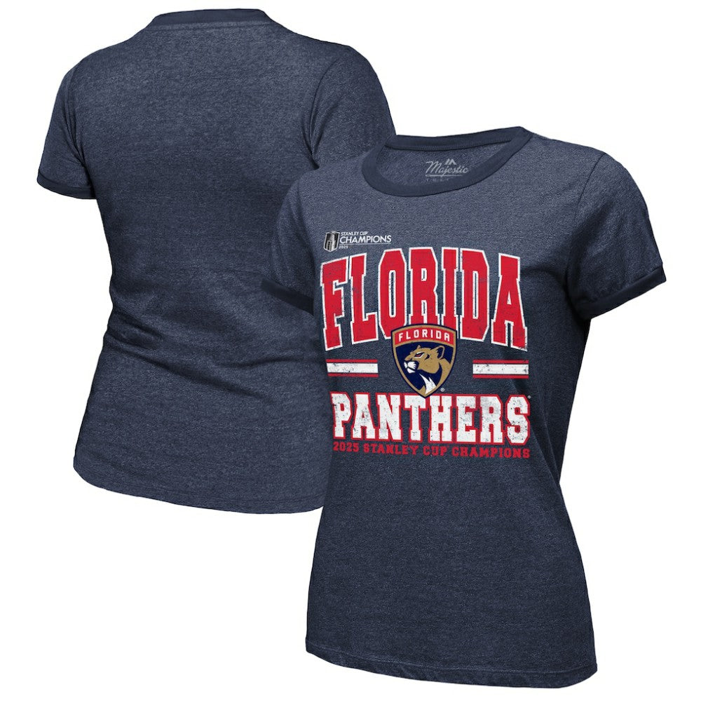 Florida Panthers Majestic Threads Women's 2025 Stanley Cup Champions Tri-Blend Ringer T-Shirt Navy