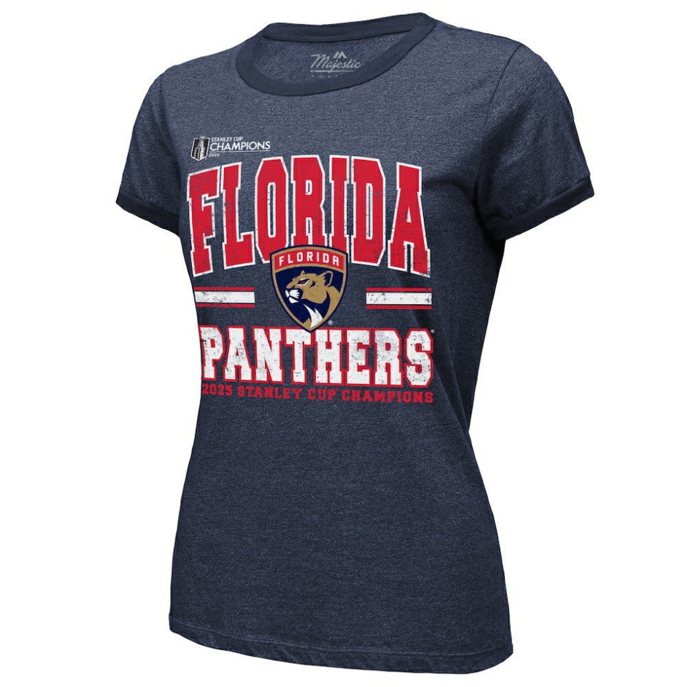 Florida Panthers Majestic Threads Women's 2025 Stanley Cup Champions Tri-Blend Ringer T-Shirt Navy