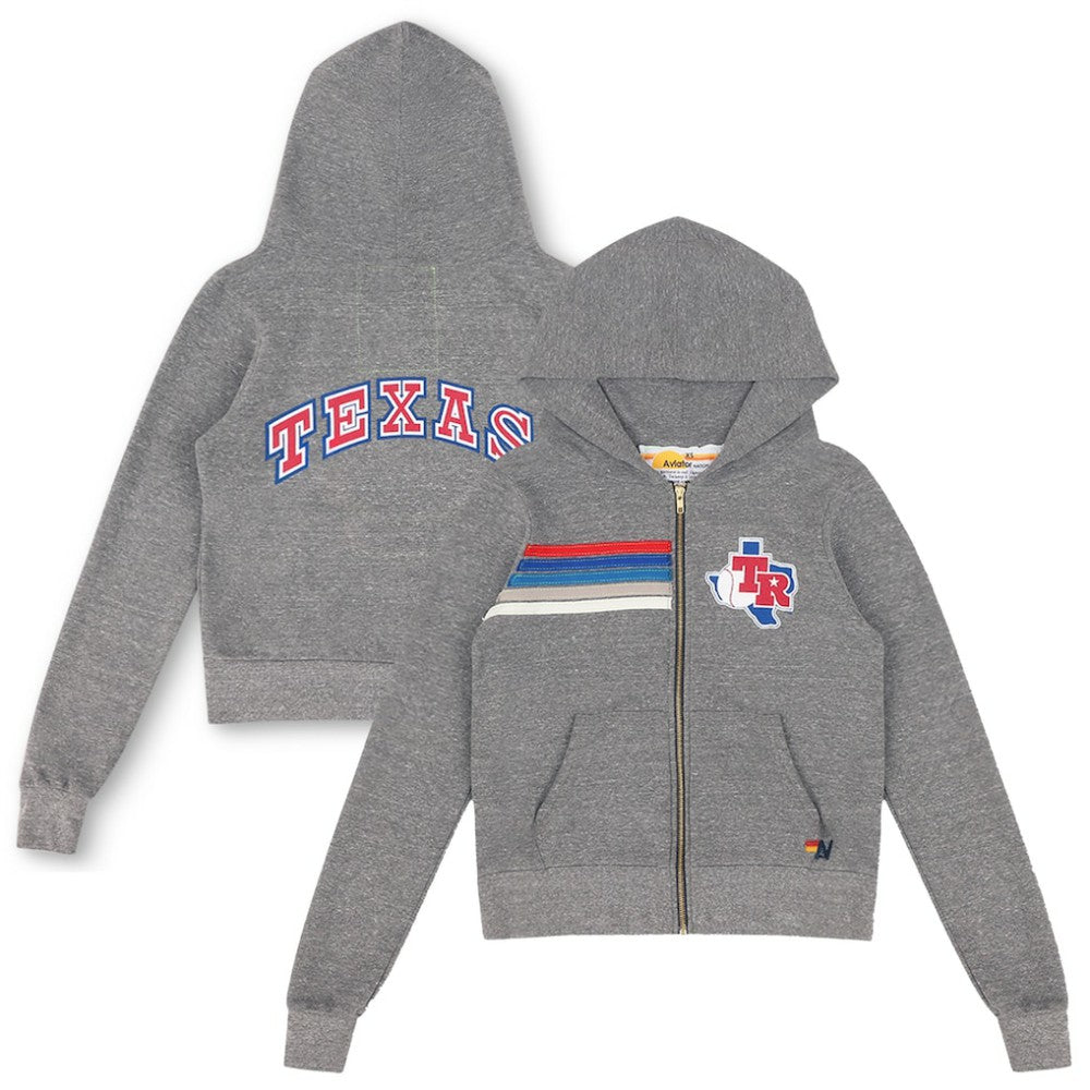 Texas Rangers Aviator Nation x MLB Unisex 5-Stripe Tri-Blend Full-Zip Hoodie Heather Gray