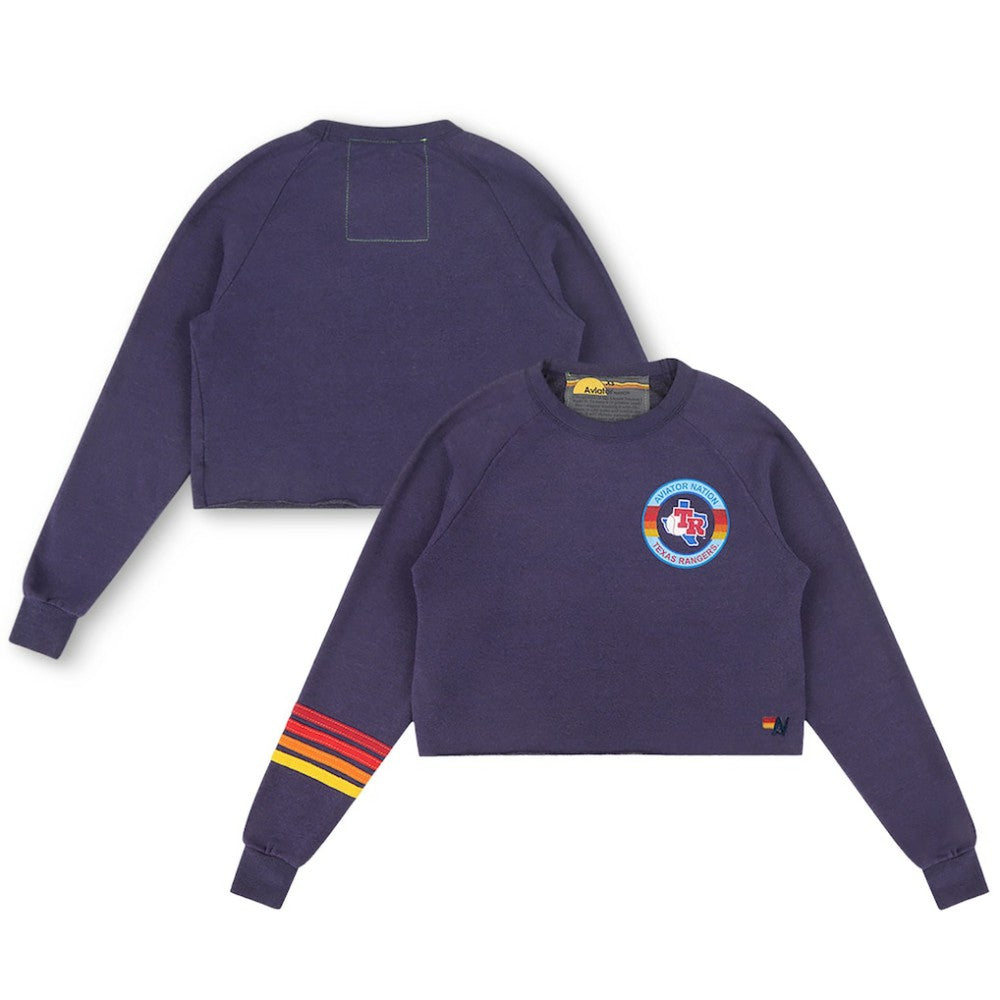 Texas Rangers Aviator Nation x MLB Women's Rugby Stitch Cropped Tri-Blend Pullover Sweatshirt Navy