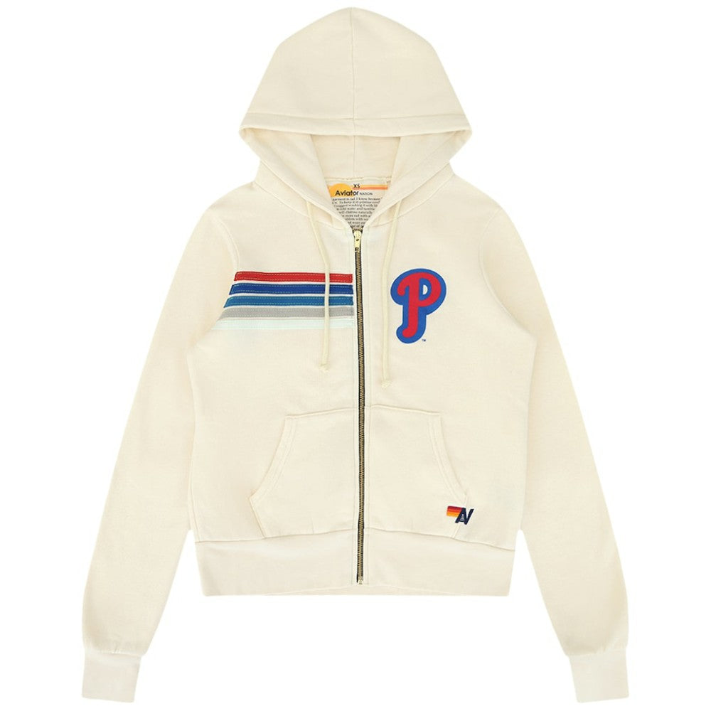 Philadelphia Phillies Aviator Nation x MLB Unisex Five-Stripe Tri-Blend Full-Zip Hoodie Cream