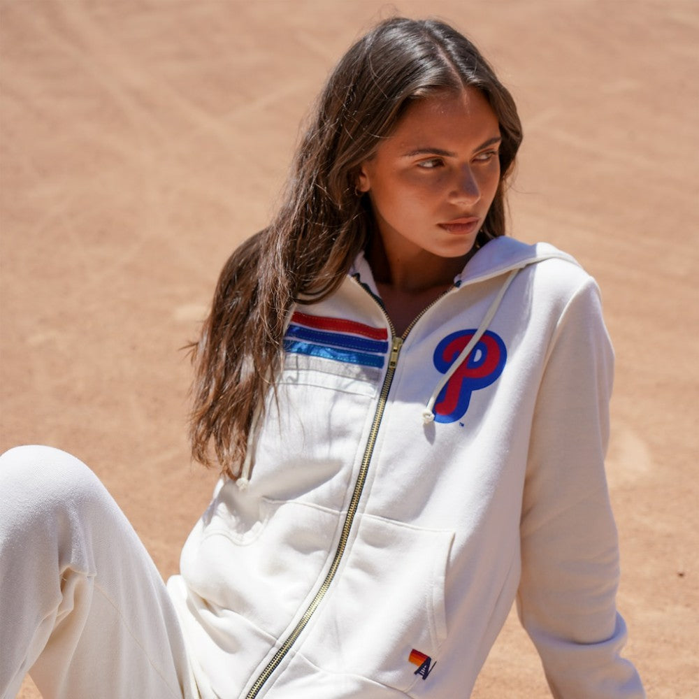 Philadelphia Phillies Aviator Nation x MLB Unisex Five-Stripe Tri-Blend Full-Zip Hoodie Cream