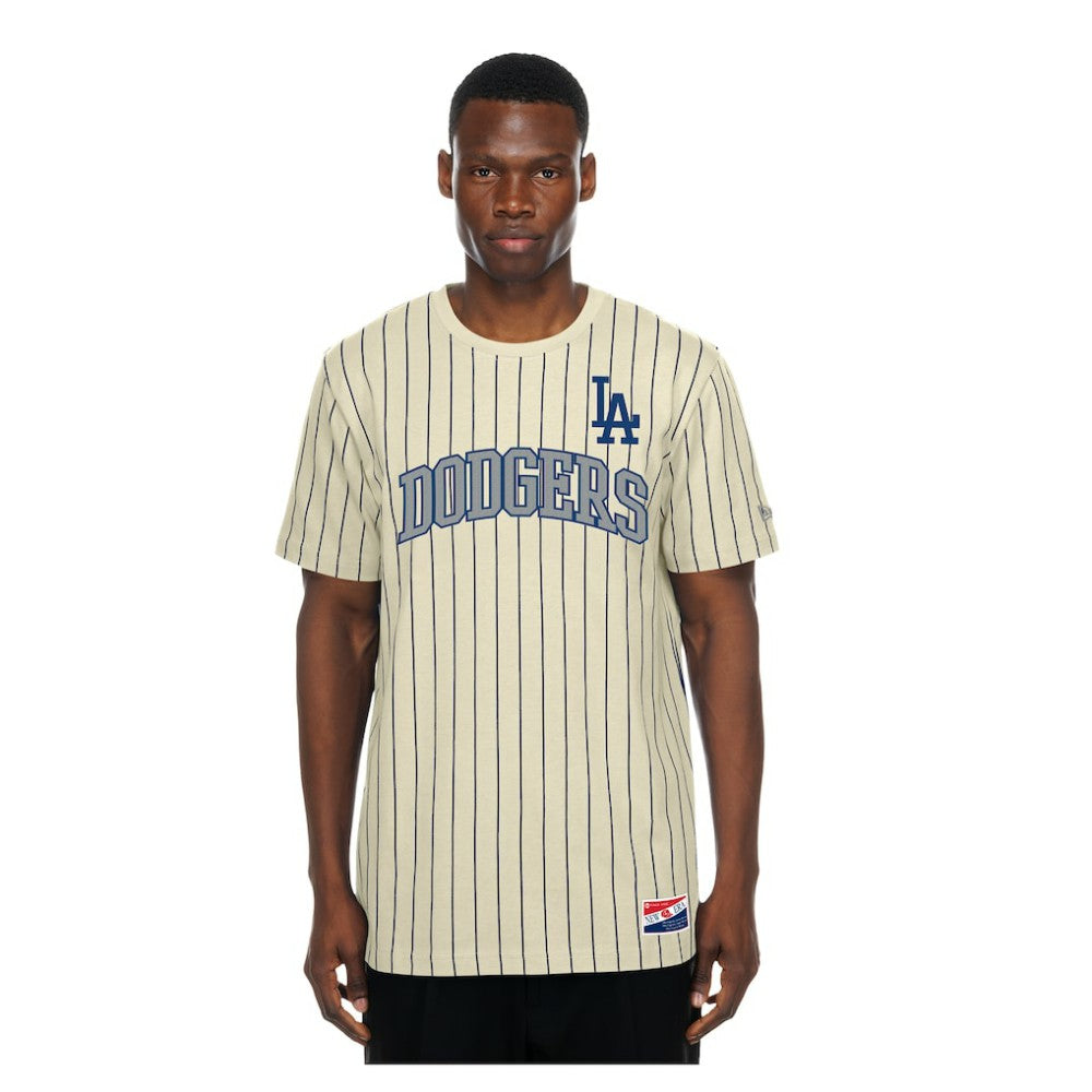 Los Angeles Dodgers Throwback Meshback Pinstripe T-Shirt Cream | New Era