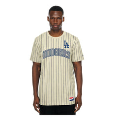 Los Angeles Dodgers Throwback Meshback Pinstripe T-Shirt Cream | New Era