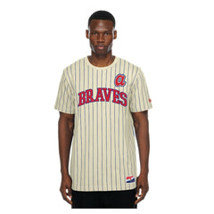 Atlanta Braves Throwback Meshback Pinstripe T-Shirt Cream | New Era