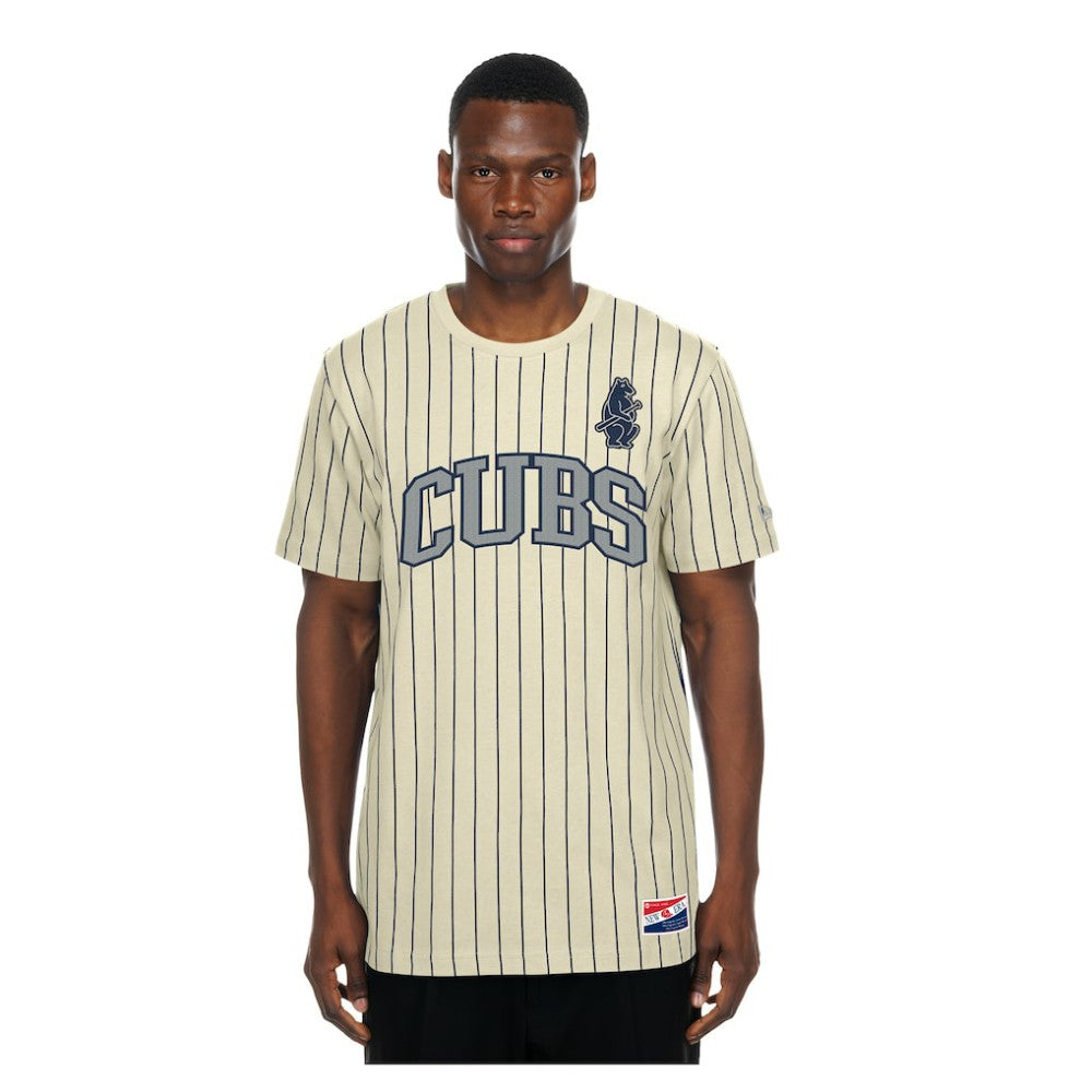 Chicago Cubs Throwback Meshback Pinstripe T-Shirt Cream | New Era