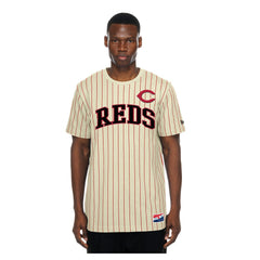 Cincinnati Reds Throwback Meshback Pinstripe T-Shirt Cream | New Era