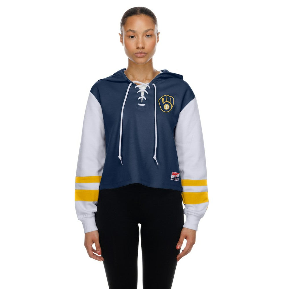 Milwaukee Brewers Women's Boxy Lace-Up Hoodie Navy | New Era