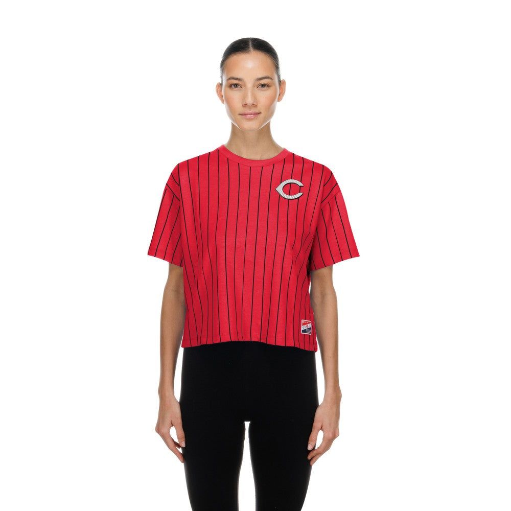 Cincinnati Reds Women's Throwback Meshback Pinstripe Boxy T-Shirt Red | New Era