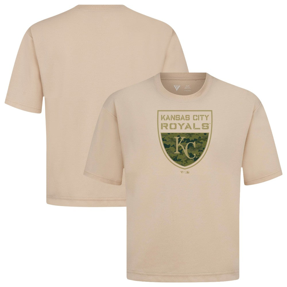 Kansas City Royals Levelwear Oversized Luxe Signature Knit Buckler T-Shirt Khaki