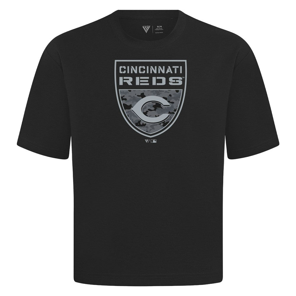 Cincinnati Reds Levelwear Oversized Luxe Signature Knit Buckler T-Shirt Black