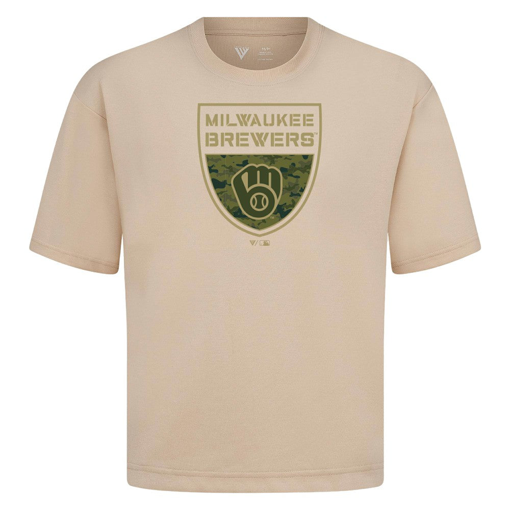 Milwaukee Brewers Levelwear Oversized Luxe Signature Knit Buckler T-Shirt Khaki