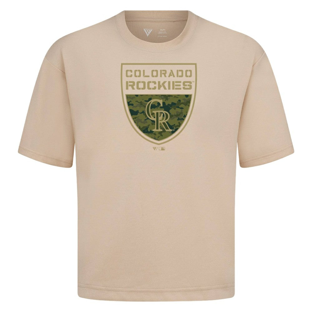 Colorado Rockies Levelwear Oversized Luxe Signature Knit Buckler T-Shirt Khaki