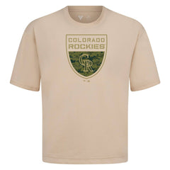 Colorado Rockies Levelwear Oversized Luxe Signature Knit Buckler T-Shirt Khaki