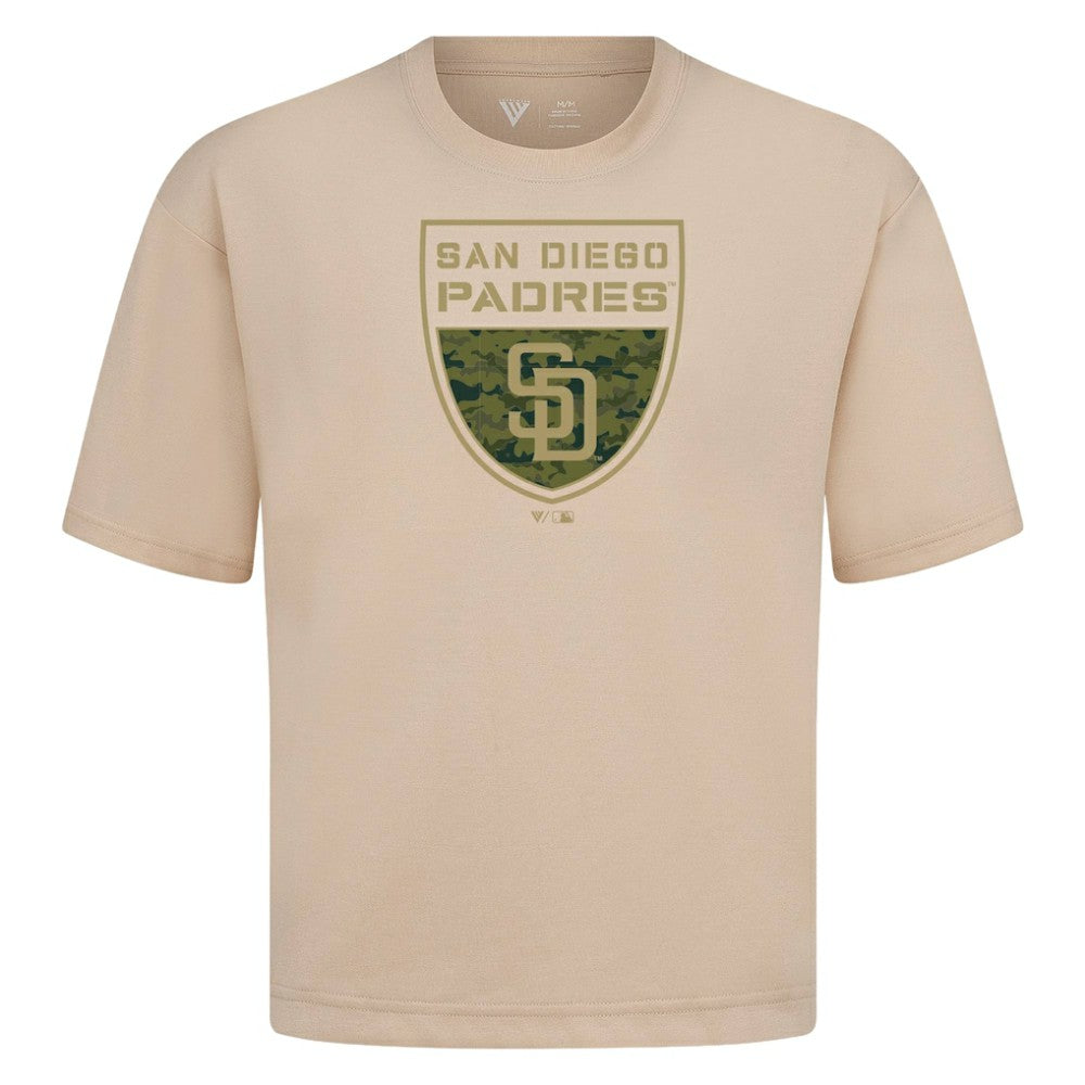 San Diego Padres Levelwear Oversized Luxe Signature Knit Buckler T-Shirt Khaki