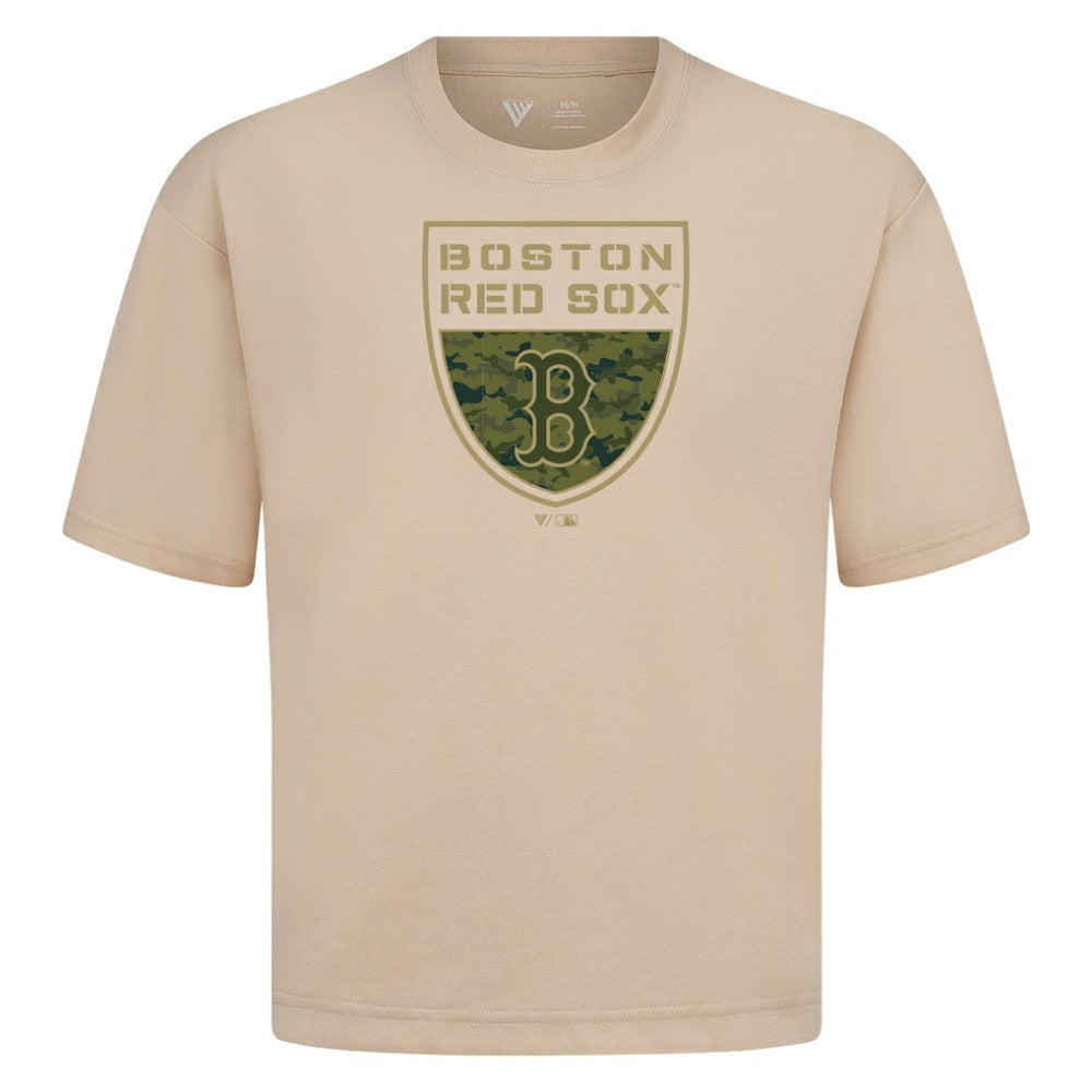 Boston Red Sox Levelwear Oversized Luxe Signature Knit Buckler T-Shirt Khaki