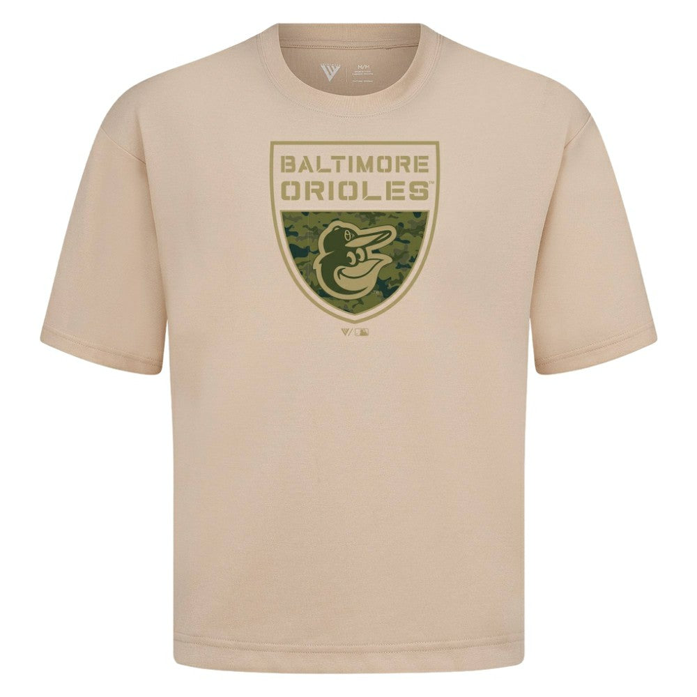 Baltimore Orioles Levelwear Oversized Luxe Signature Knit Buckler T-Shirt Khaki