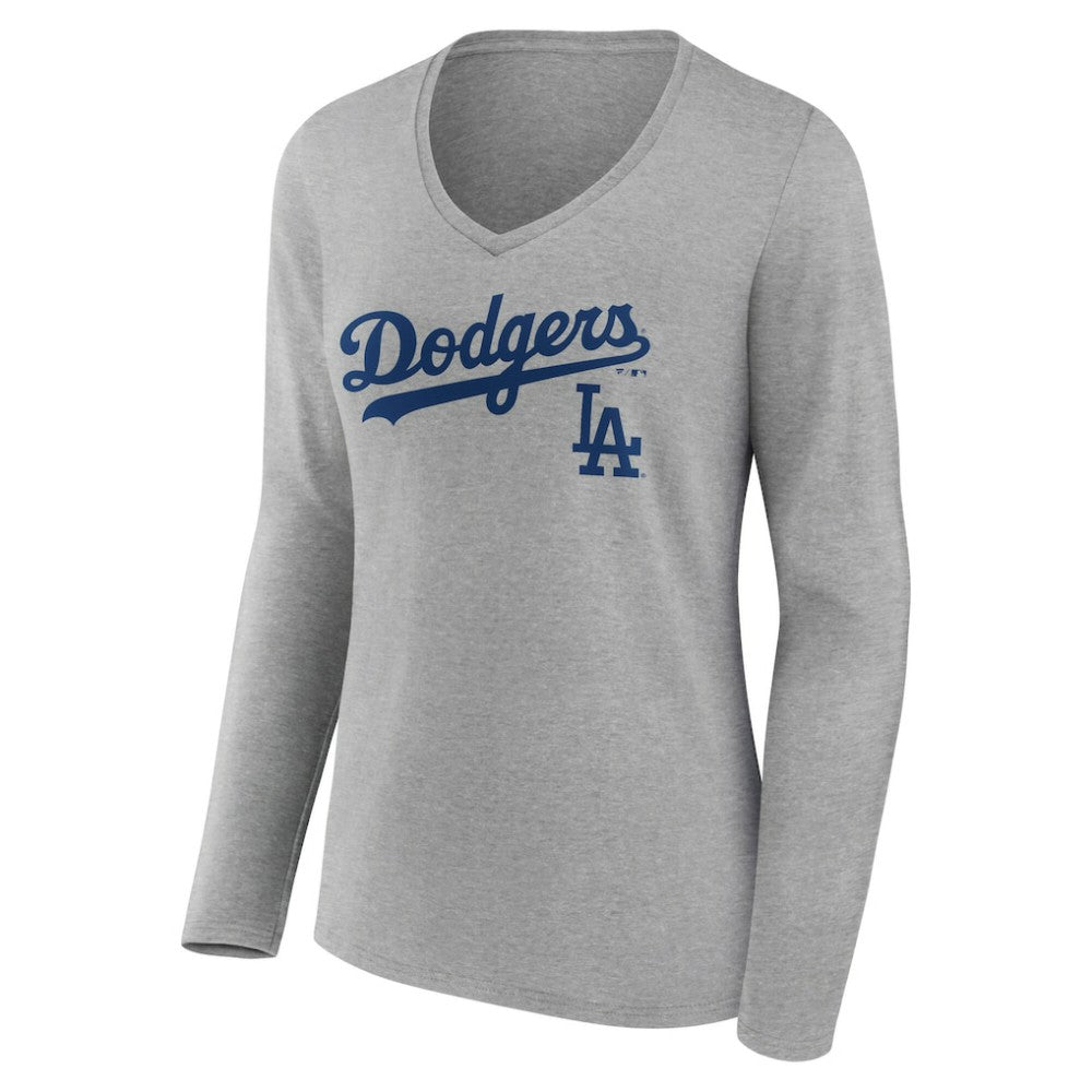 Los Angeles Dodgers Women's Team Lockup Long Sleeve V-Neck T-Shirt Gray