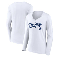 Los Angeles Dodgers Women's Team Lockup Long Sleeve V-Neck T-Shirt White