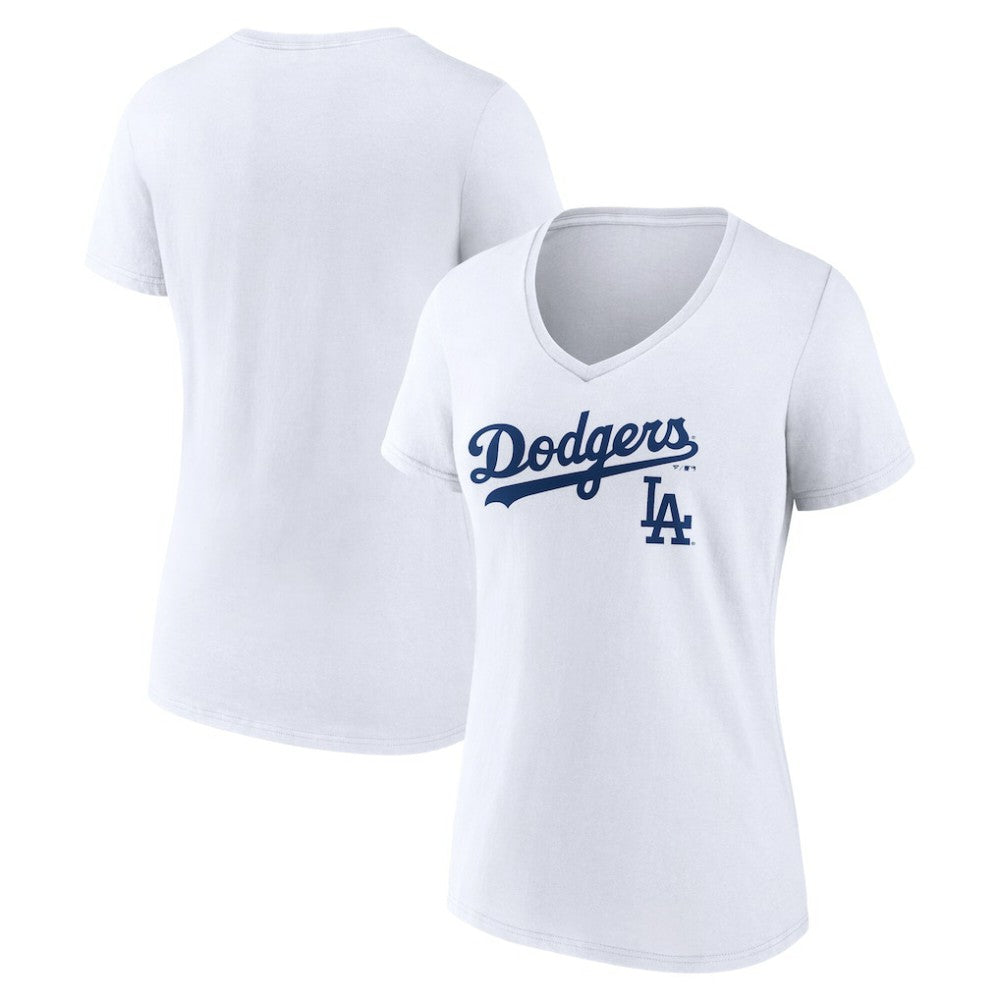 Los Angeles Dodgers Women's Team Lockup V-Neck T-Shirt White