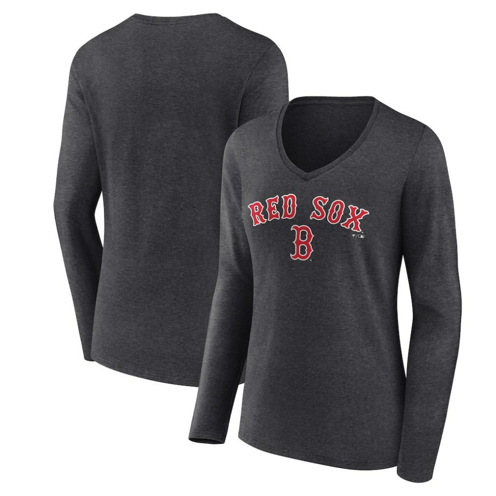 Boston Red Sox Women's Team Lockup Long Sleeve V-Neck T-Shirt Charcoal