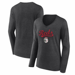 Cincinnati Reds Women's Team Lockup Long Sleeve V-Neck T-Shirt Charcoal