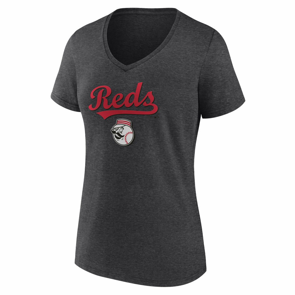 Cincinnati Reds Women's Team Lockup V-Neck T-Shirt Charcoal