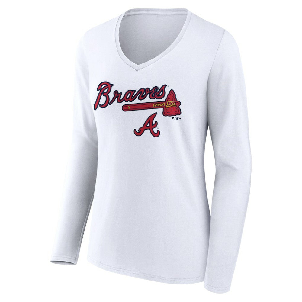 Atlanta Braves Women's Team Lockup Long Sleeve V-Neck T-Shirt White
