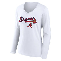 Atlanta Braves Women's Team Lockup Long Sleeve V-Neck T-Shirt White
