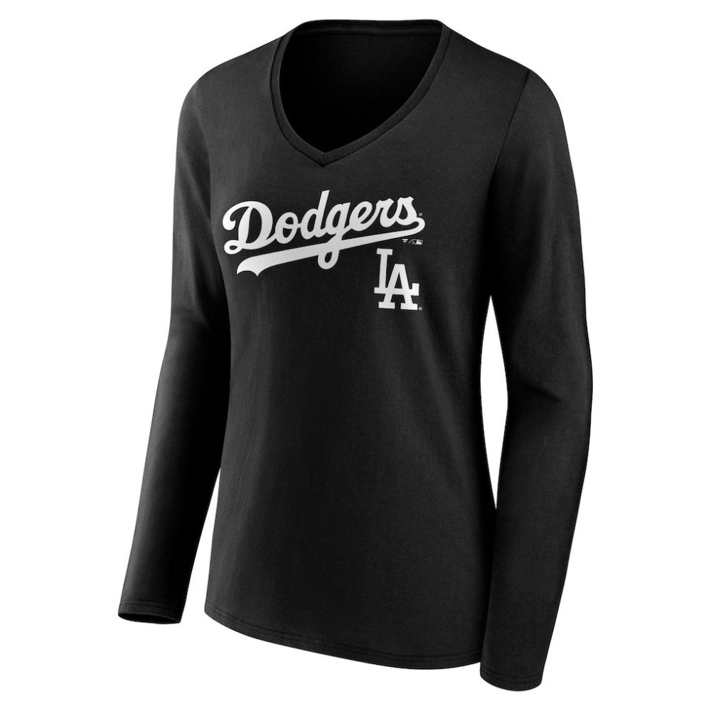 Los Angeles Dodgers Women's Team Lockup Long Sleeve V-Neck T-Shirt Black