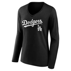 Los Angeles Dodgers Women's Team Lockup Long Sleeve V-Neck T-Shirt Black