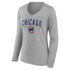 Chicago Cubs Women's Team Lockup Long Sleeve V-Neck T-Shirt Gray