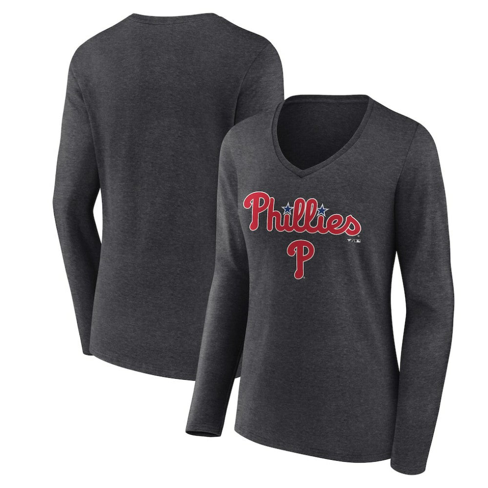 Philadelphia Phillies Women's Team Lockup Long Sleeve V-Neck T-Shirt Charcoal
