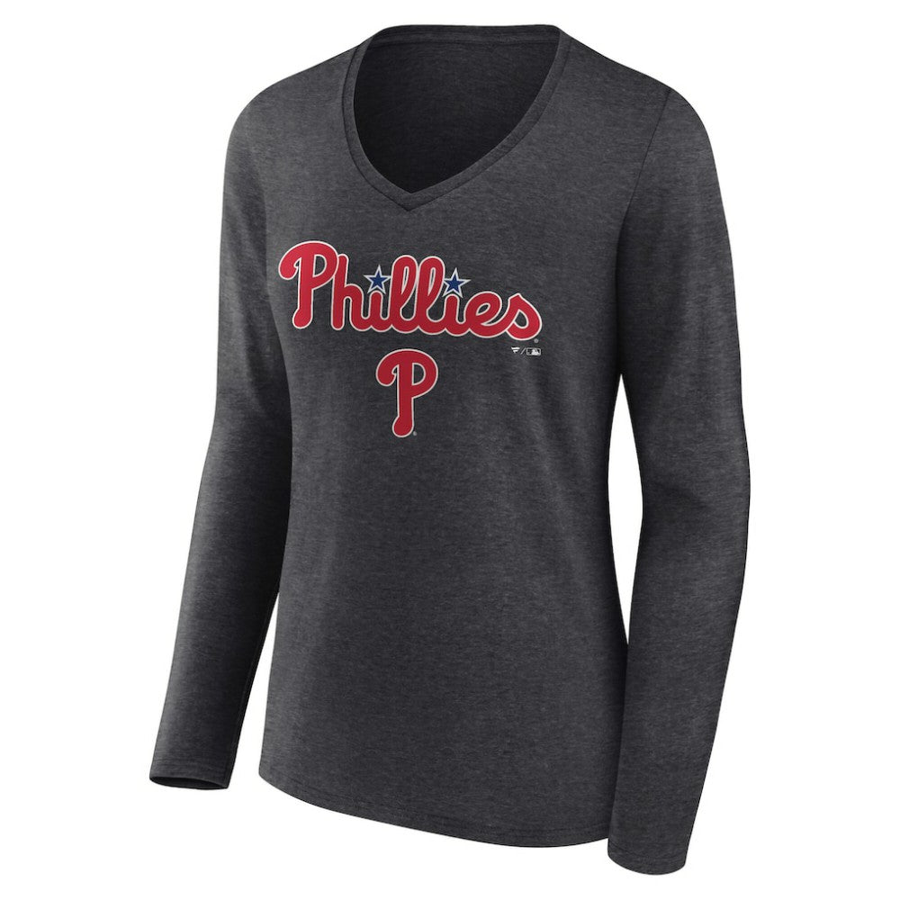 Philadelphia Phillies Women's Team Lockup Long Sleeve V-Neck T-Shirt Charcoal