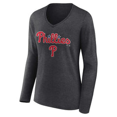 Philadelphia Phillies Women's Team Lockup Long Sleeve V-Neck T-Shirt Charcoal