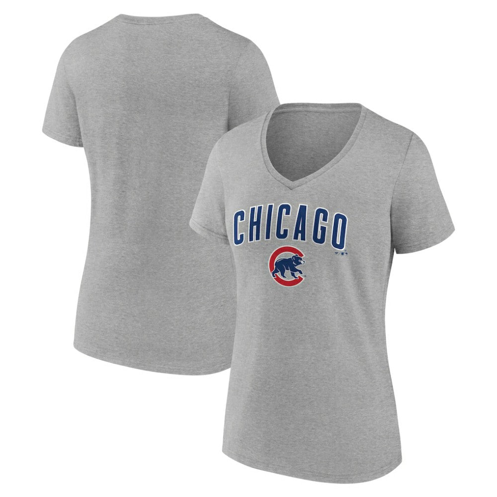 Chicago Cubs Women's Team Lockup V-Neck T-Shirt Gray