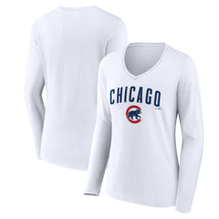 Chicago Cubs Women's Team Lockup Long Sleeve V-Neck T-Shirt White