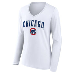 Chicago Cubs Women's Team Lockup Long Sleeve V-Neck T-Shirt White