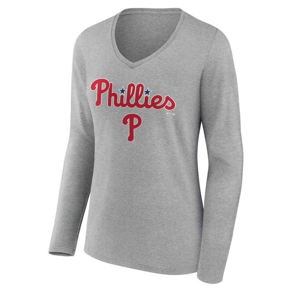 Philadelphia Phillies Women's Team Lockup Long Sleeve V-Neck T-Shirt Gray