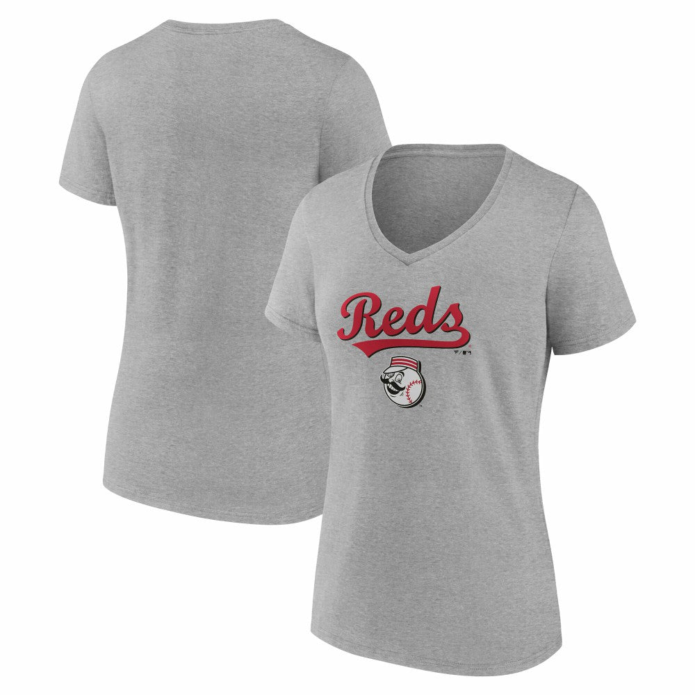 Cincinnati Reds Women's Team Lockup V-Neck T-Shirt Gray