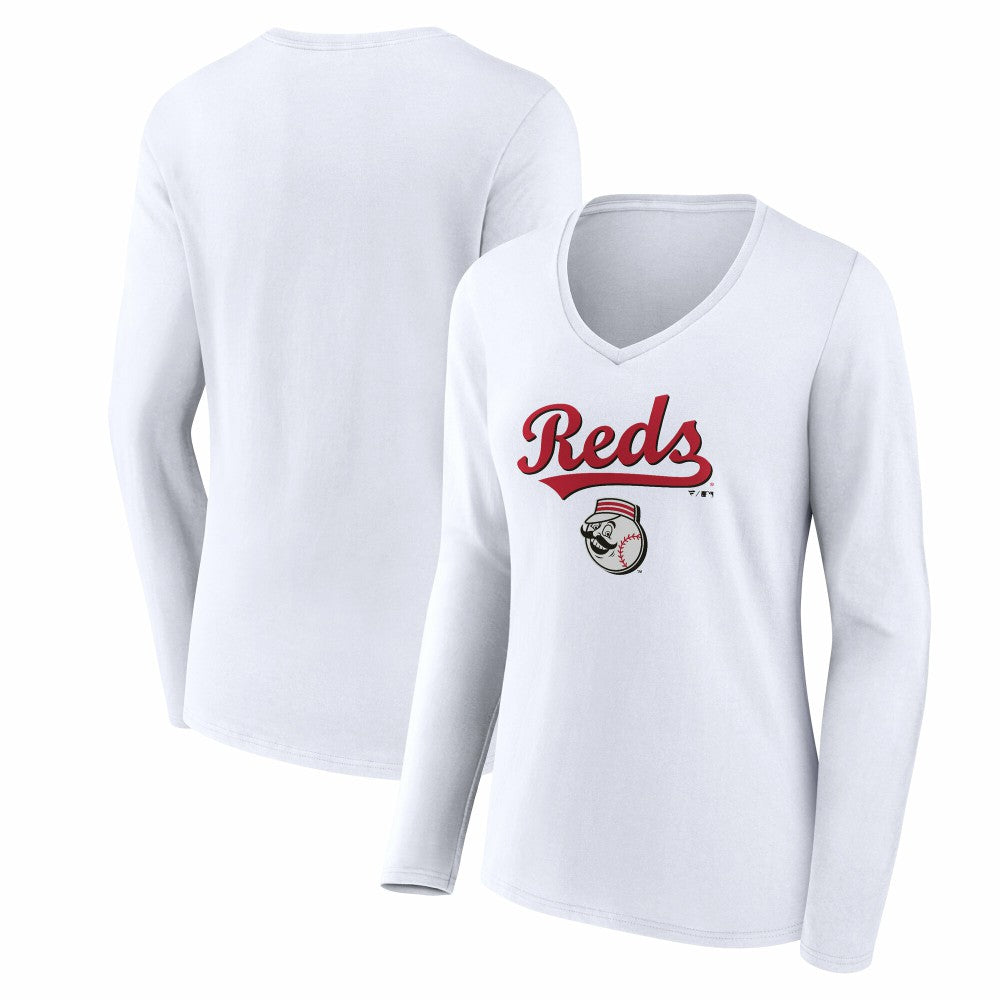 Cincinnati Reds Women's Team Lockup Long Sleeve V-Neck T-Shirt White