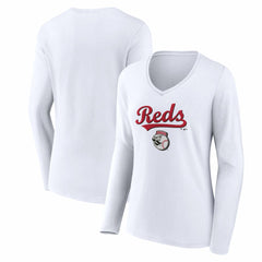 Cincinnati Reds Women's Team Lockup Long Sleeve V-Neck T-Shirt White
