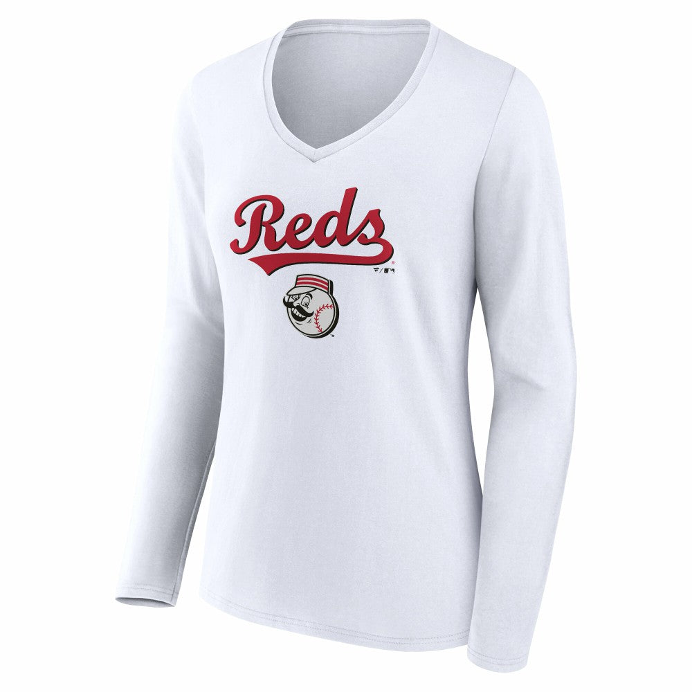 Cincinnati Reds Women's Team Lockup Long Sleeve V-Neck T-Shirt White